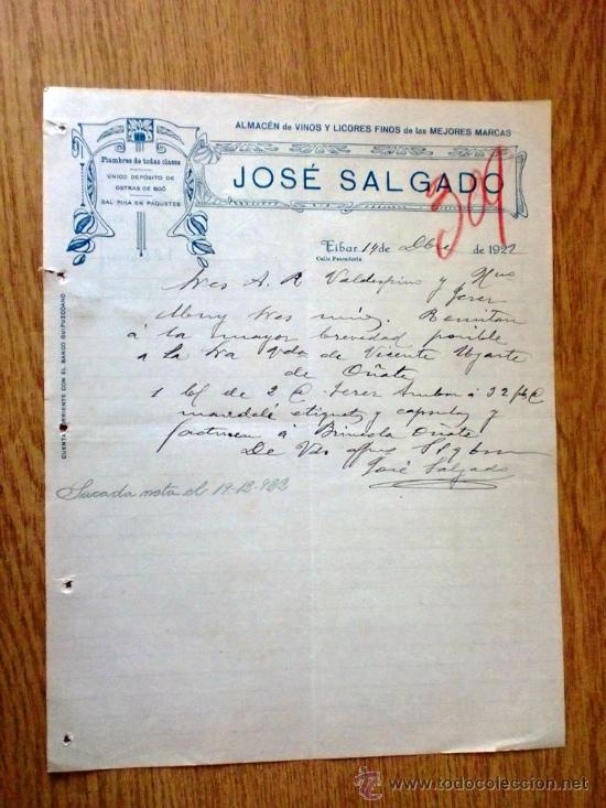 Cartas comerciais: CARTA COMERCIAL. EIBAR 1922. JOSE SALGADO. ALMACEN DE VINOS Y LICORES FINOS. A VALDESPINO Y HNO.
