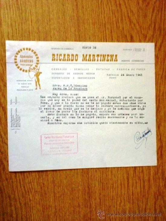 Cartas comerciais: CARTA COMERCIAL. TAFALLA (NAVARRA) 1961. RICARDO MARTINENA, AGENTE COMERCIAL. ALMACEN DE CEREALES.