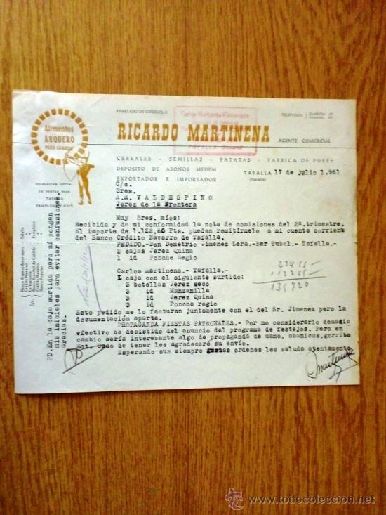 Cartas comerciais: CARTA COMERCIAL. TAFALLA (NAVARRA) 1961. RICARDO MARTINENA, AGENTE COMERCIAL. ALMACEN DE CEREALES.