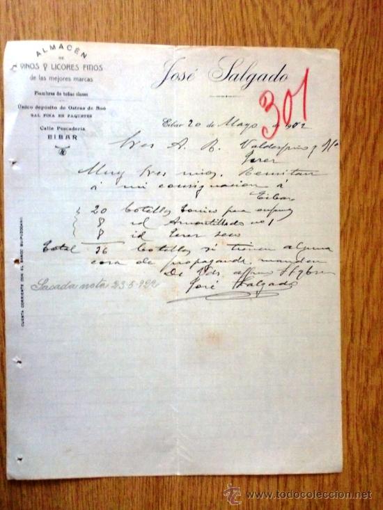Cartas comerciais: CARTA COMERCIAL. EIBAR 1922. JOSE SALGADO. ALMACEN DE VINOS Y LICORES. A VALDESPINO Y HNO.