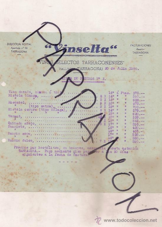 Gesch&auml;ftsbriefe: &rdquo;vinselta&rdquo;, vinos selectos tarraconenses, Vallmoll, Tarragona 1950
