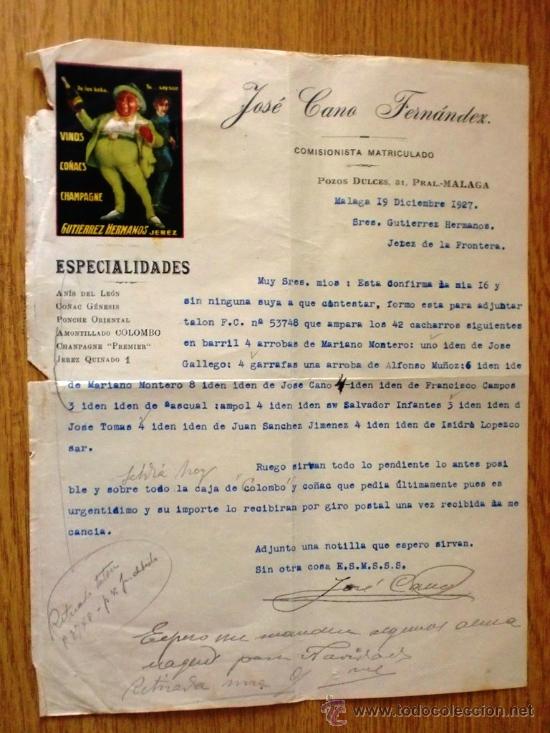 Cartas comerciais: CARTA COMERCIAL. MALAGA 1927. JOSE CANO FERNANDEZ. VINOS, CO&Ntilde;AC ETC. A SRES. GUTIERREZ.