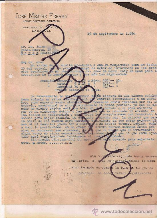 Cartas comerciales: Jos&eacute; Mestre Ferr&aacute;n, agente comercial colegiado. Sabadell 1950