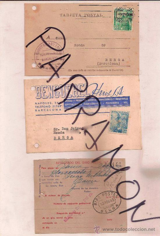 Cartas comerciais: Tarjetas postales, Benguerel Hnos, SA. Productos botanicos Farran. Barcelona1950. Resguardo giro pos
