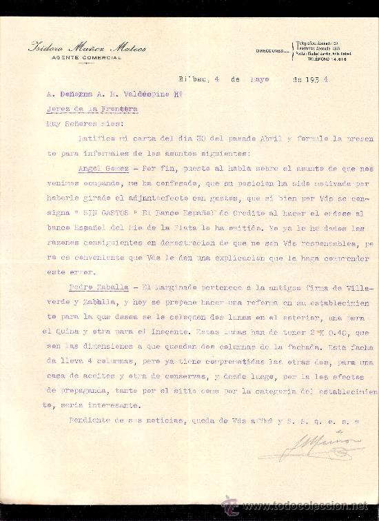 Cartas comerciales: CARTA COMERCIAL. ISIDORO MU&Ntilde;OZ MATEOS. AGENTE COMERCIAL. VALDESPINO. JEREZ. BILBAO, MAYO 1934.