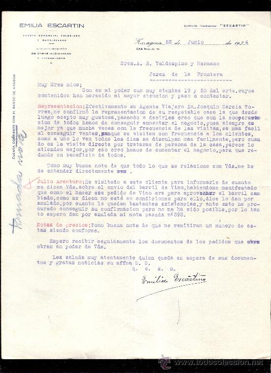 Cartas comerciales: CARTA COMERCIAL. EMILIA ESCARTIN. AGENTE COMERCIAL. VALDESPINO. JEREZ. ZARAGOZA, JUNIO 1934.