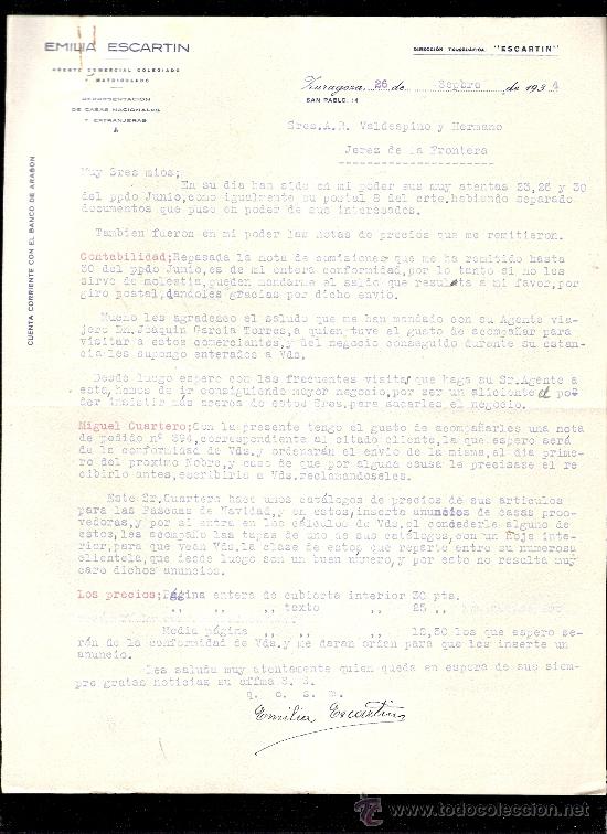 Cartas comerciales: CARTA COMERCIAL. EMILIA ESCARTIN. AGENTE COMERCIAL. VALDESPINO. JEREZ. ZARAGOZA, SEPTIEMBRE 1934.