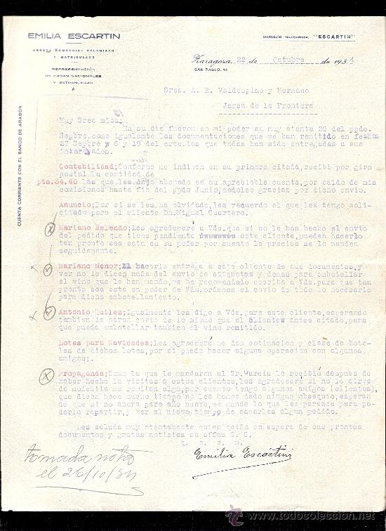 Cartas comerciales: CARTA COMERCIAL. EMILIA ESCARTIN. AGENTE COMERCIAL. VALDESPINO. JEREZ. ZARAGOZA, OCTUBRE 1934.