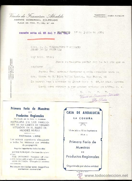 Cartas comerciales: CARTA COMERCIAL. VIUDA DE FRANCISCO ALCALDE. AGENTE COMERCIAL. VALDESPINO. JEREZ. JULIO 1934.