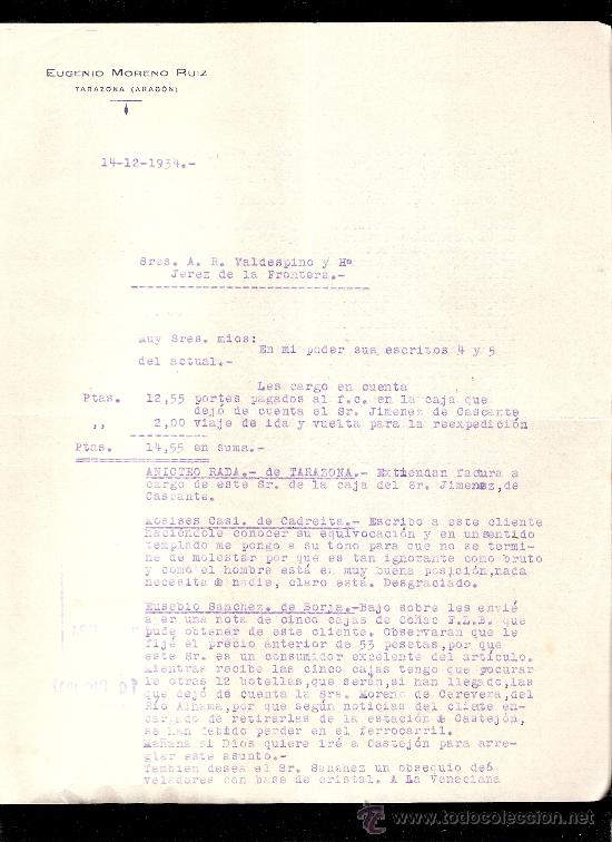 Cartas comerciales: CARTA COMERCIAL. EUGENIO MORENO RUIZ. VALDESPINO. JEREZ. DICIEMBRE 1934.