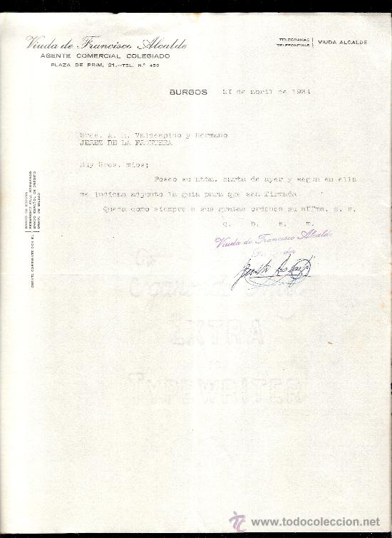 Cartas comerciales: CARTA COMERCIAL. VIUDA DE FRANCISCO ALCALDE. AGENTE COMERCIAL. VALDESPINO. JEREZ. 1934, ABRIL.