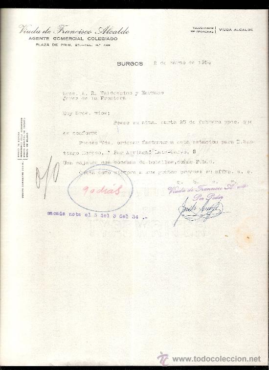 Cartas comerciales: CARTA COMERCIAL. VIUDA DE FRANCISCO ALCALDE. AGENTE COMERCIAL. VALDESPINO. JEREZ. 1934, MARZO.