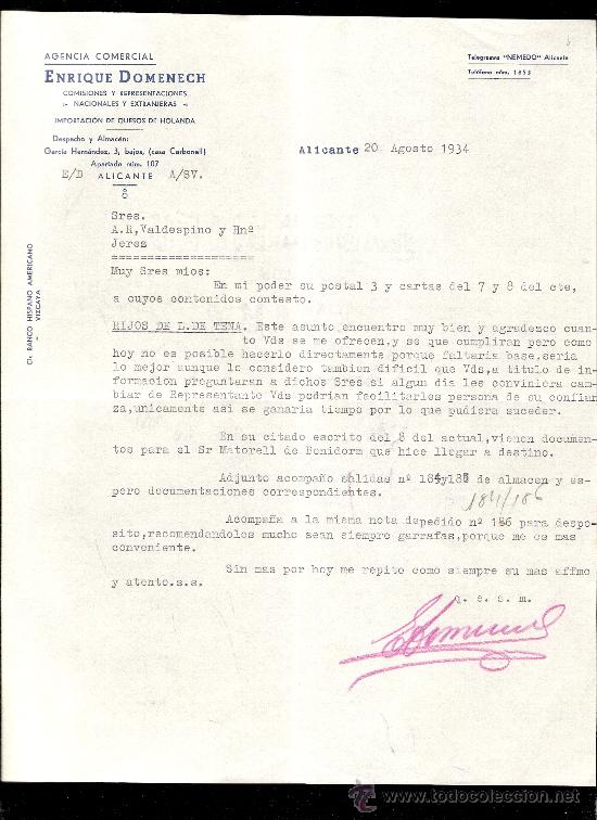 Cartas comerciales: CARTA COMERCIAL. ENRIQUE DOMENECH. AGENCIA COMERCIAL. VALDESPINO. JEREZ. ALICANTE, 1934, AGOSTO.