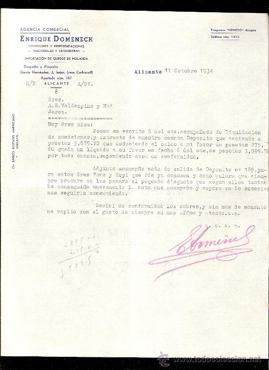 Cartas comerciales: CARTA COMERCIAL. ENRIQUE DOMENECH. AGENCIA COMERCIAL. VALDESPINO. JEREZ. ALICANTE, 1934, OCTUBRE.