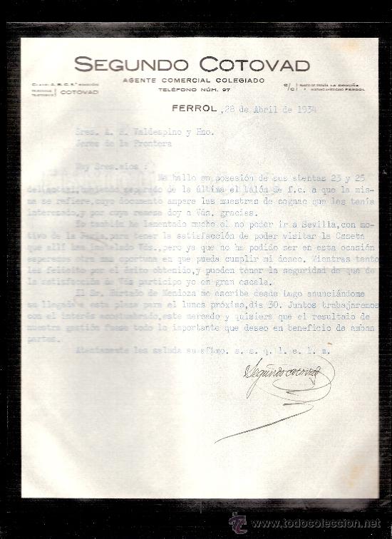 Cartas comerciales: CARTA COMERCIAL. SEGUNDO COTOVAD. AGENTE COMERCIAL. AGENTE COMERCIAL. VALDESPINO.FERROL