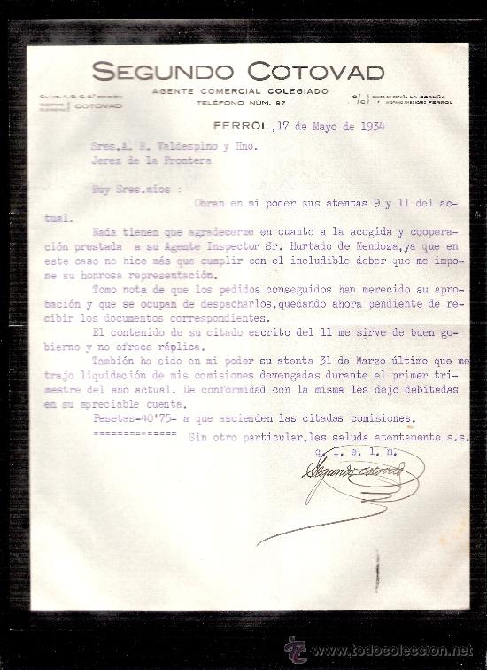 Gesch&auml;ftsbriefe: CARTA COMERCIAL. SEGUNDO COTOVAD. AGENTE COMERCIAL. AGENTE COMERCIAL. VALDESPINO.FERROL