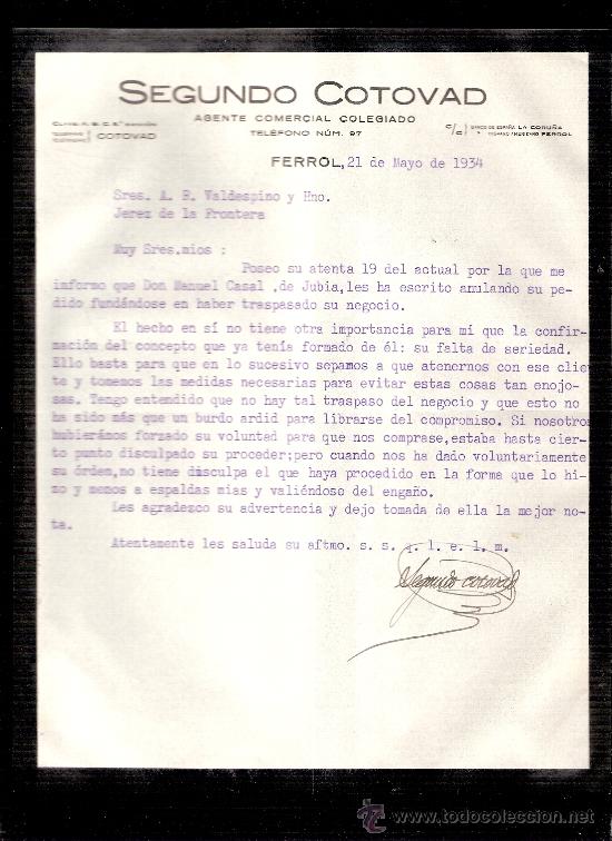 Gesch&auml;ftsbriefe: CARTA COMERCIAL. SEGUNDO COTOVAD. AGENTE COMERCIAL. AGENTE COMERCIAL. VALDESPINO. FERROL