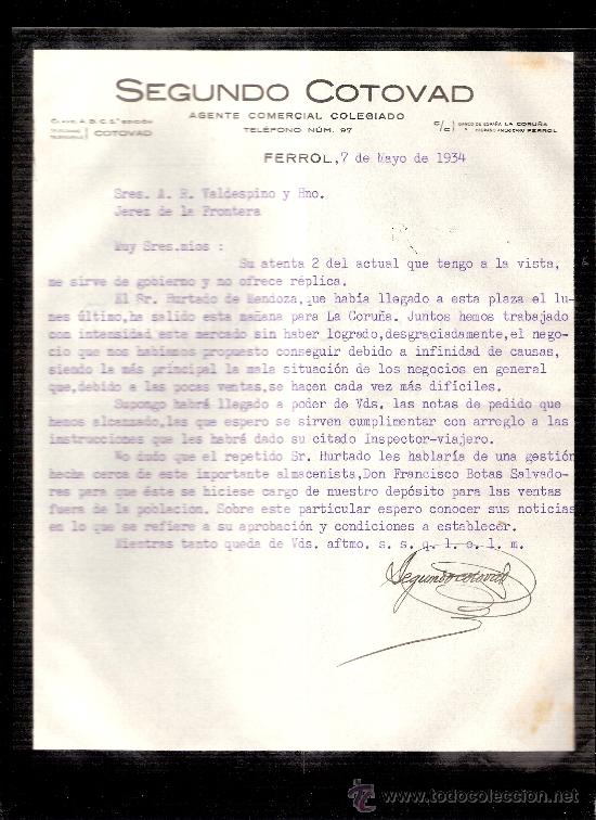 Gesch&auml;ftsbriefe: CARTA COMERCIAL. SEGUNDO COTOVAD. AGENTE COMERCIAL. AGENTE COMERCIAL. VALDESPINO.FERROL