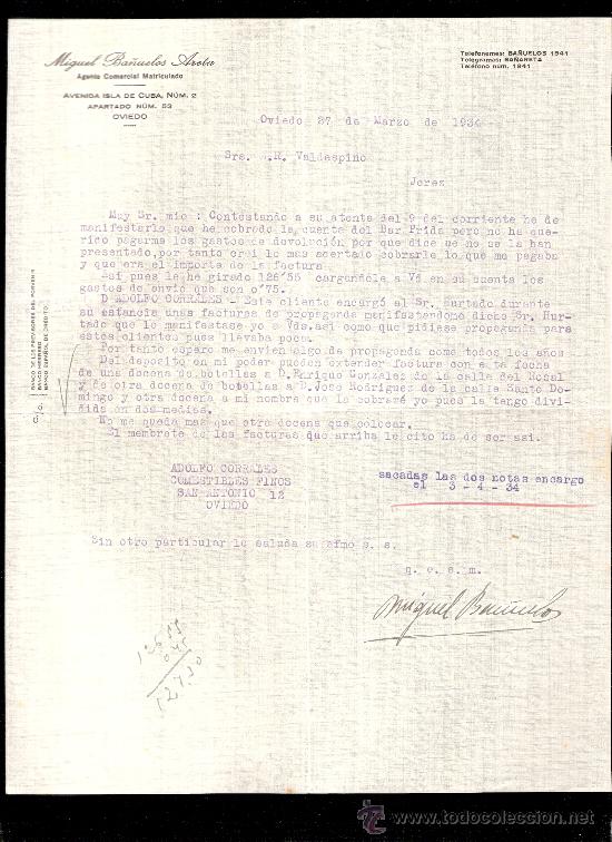 Gesch&auml;ftsbriefe: CARTA COMERCIAL. MIGUEL BA&Ntilde;UELOS. AGENTE COMERCIAL. VALDESPINO. JEREZ. OVIEDO, MARZO 1934.