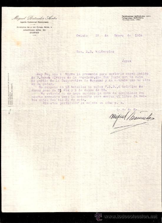Gesch&auml;ftsbriefe: CARTA COMERCIAL. MIGUEL BA&Ntilde;UELOS. AGENTE COMERCIAL. VALDESPINO. JEREZ. OVIEDO, ENERO 1934.