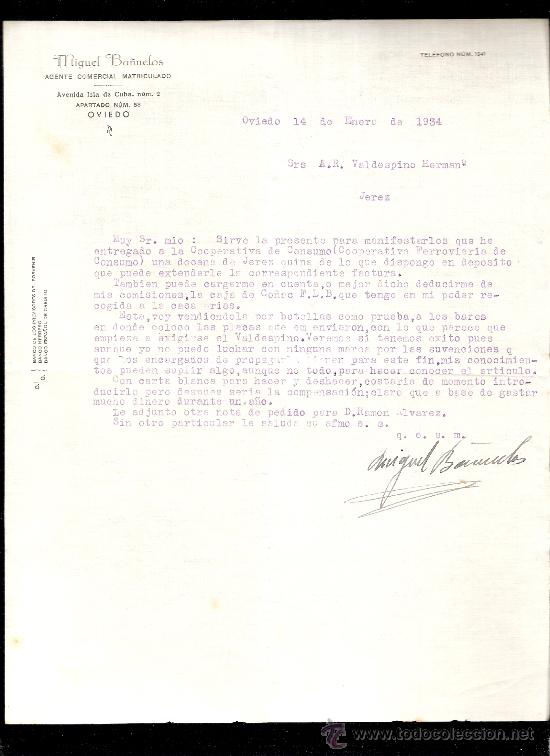 Gesch&auml;ftsbriefe: CARTA COMERCIAL. MIGUEL BA&Ntilde;UELOS. AGENTE COMERCIAL. VALDESPINO. JEREZ. OVIEDO, ENERO 1934.