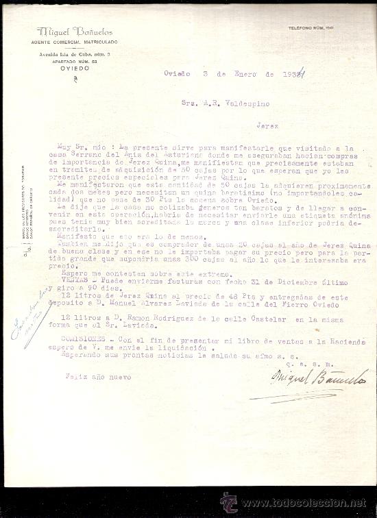 Commercial Letters: CARTA COMERCIAL. MIGUEL BA&Ntilde;UELOS. AGENTE COMERCIAL. VALDESPINO. JEREZ. OVIEDO, ENERO 1934.