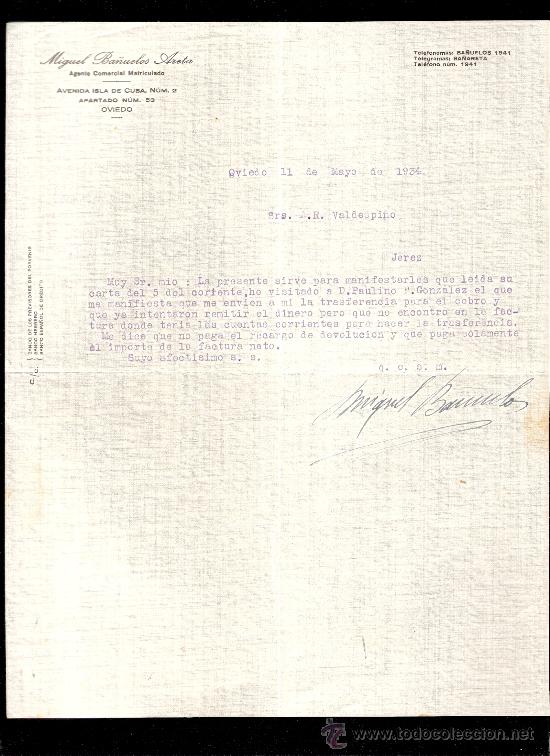Commercial Letters: CARTA COMERCIAL. MIGUEL BA&Ntilde;UELOS. AGENTE COMERCIAL. VALDESPINO. JEREZ. OVIEDO, MAYO 1934.