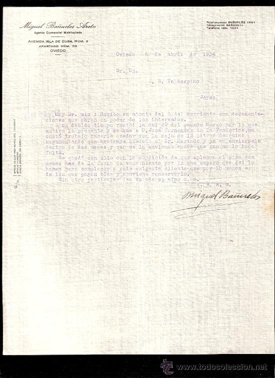 Commercial Letters: CARTA COMERCIAL. MIGUEL BA&Ntilde;UELOS. AGENTE COMERCIAL. VALDESPINO. JEREZ. OVIEDO, ABRIL 1934.