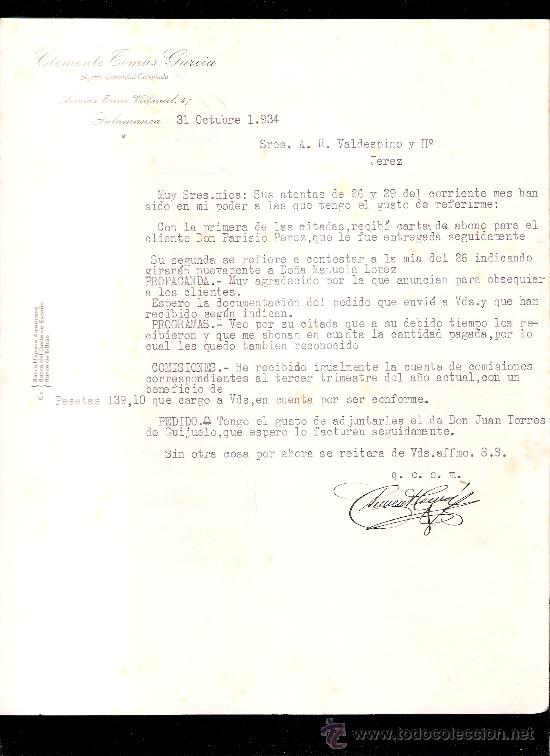 Commercial Letters: CARTA COMERCIAL. CLEMENTE TOMAS GARCIA. AGENTE COMERCIAL. VALDESPINO. JEREZ. 1934, OCTUBRE.