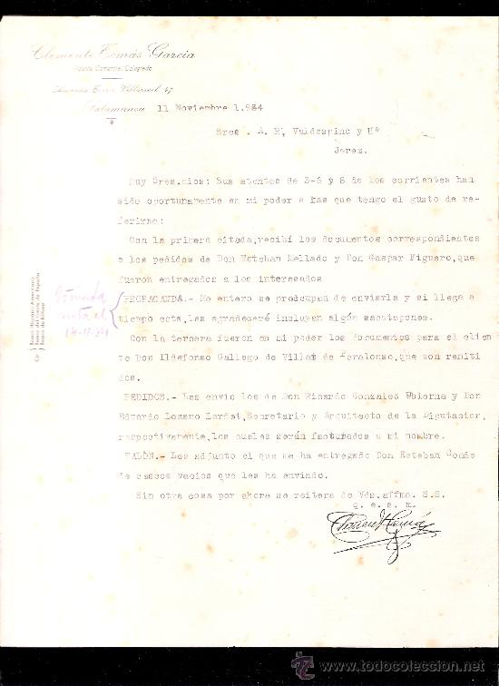 Commercial Letters: CARTA COMERCIAL. CLEMENTE TOMAS GARCIA. AGENTE COMERCIAL. VALDESPINO. JEREZ. 1934, NOVIEMBRE.