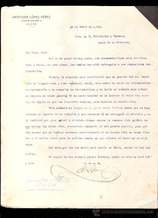 Commercial Letters: CARTA COMERCIAL. ARISTIDES LOPEZ PEREZ. VALDESPINO. JEREZ. 1934, ENERO.