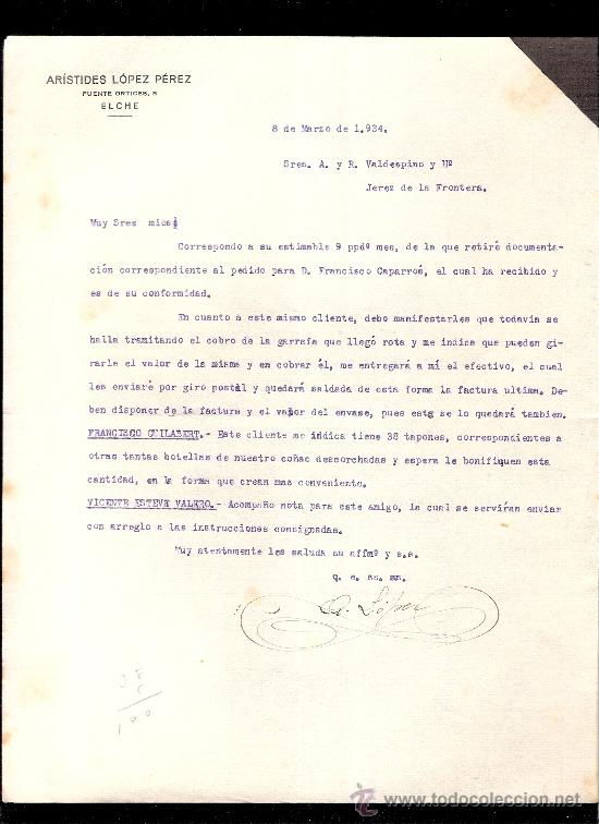 Commercial Letters: CARTA COMERCIAL. ARISTIDES LOPEZ PEREZ. VALDESPINO. JEREZ. 1934, MARZO.