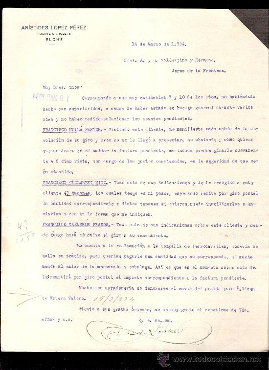 Commercial Letters: CARTA COMERCIAL. ARISTIDES LOPEZ PEREZ. VALDESPINO. JEREZ. 1934, MARZO.