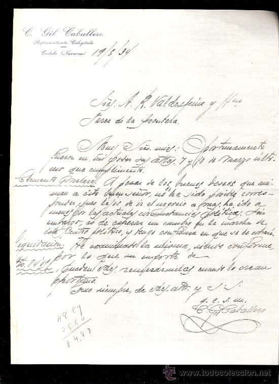 Commercial Letters: CARTA COMERCIAL. GIL CABALLERO. REPRESENTANTE COLEGIADO. VALDESPINO. JEREZ. MAYO 1934.