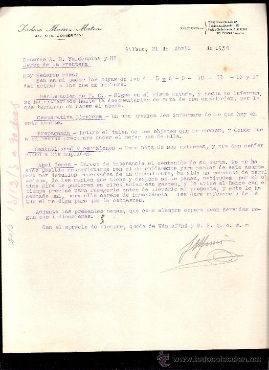 Commercial Letters: CARTA COMERCIAL. ISIDORO MU&Ntilde;OZ MATEOS. AGENTE COMERCIAL. VALDESPINO. JEREZ. BILBAO, ABRIL 1934.