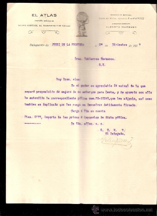 Commercial Letters: CARTA COMERCIAL. EL ATLAS. SEGUROS MARITIMOS. GUTIERREZ HNOS. JEREZ, 1917, DICIEMBRE.