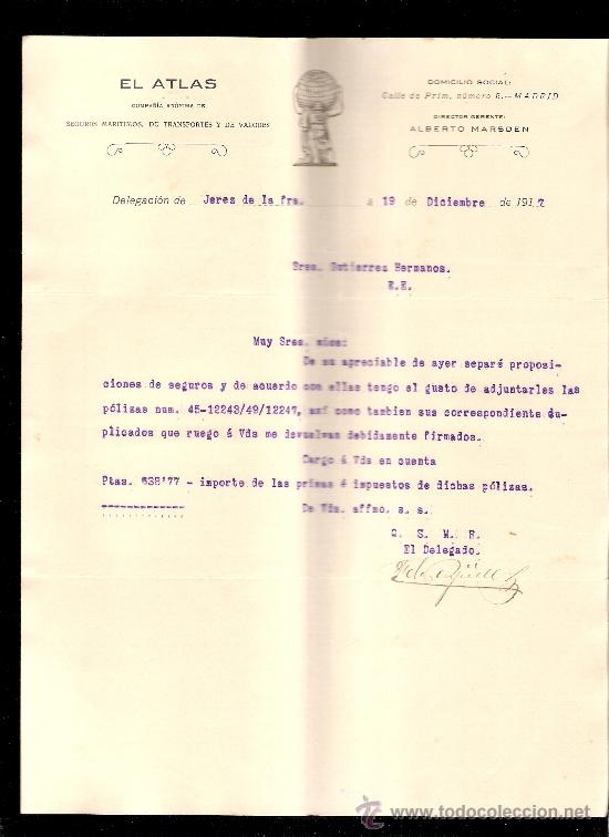 Commercial Letters: CARTA COMERCIAL. EL ATLAS. SEGUROS MARITIMOS. GUTIERREZ HNOS. JEREZ, 1917, DICIEMBRE.