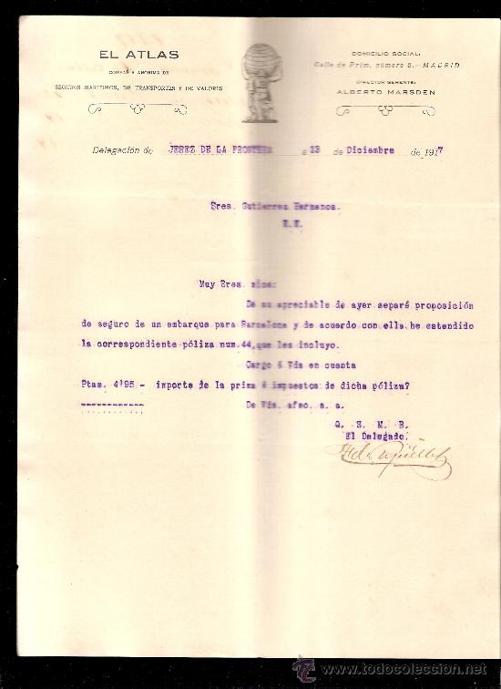 Cartas comerciales: CARTA COMERCIAL. EL ATLAS. SEGUROS MARITIMOS. GUTIERREZ HNOS. JEREZ, 1917, DICIEMBRE.