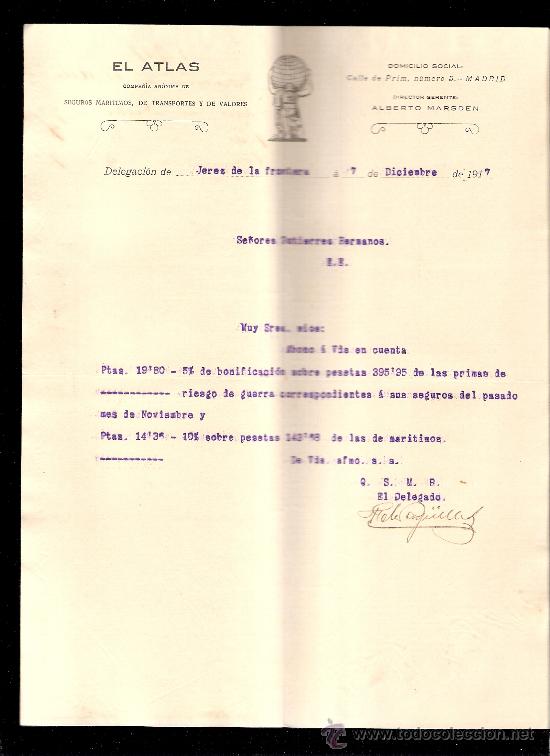 Cartas comerciales: CARTA COMERCIAL. EL ATLAS. SEGUROS MARITIMOS. GUTIERREZ HNOS. JEREZ, 1917, DICIEMBRE.