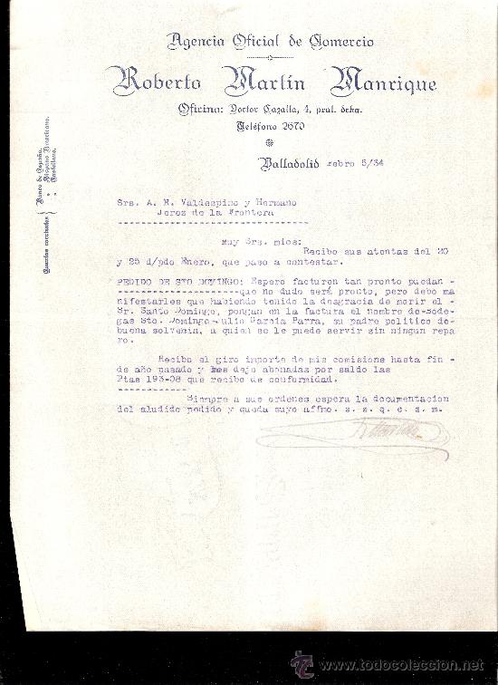 Cartas comerciales: CARTA COMERCIAL. ROBERTO MARTIN MANRIQUE. AGENCIA DE COMERCIO. VELDESPINO. JEREZ. FEBRERO 1934.