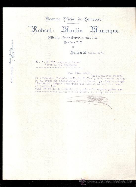 Cartas comerciales: CARTA COMERCIAL. ROBERTO MARTIN MANRIQUE. AGENCIA DE COMERCIO. VELDESPINO. JEREZ. JUNIO 1934.