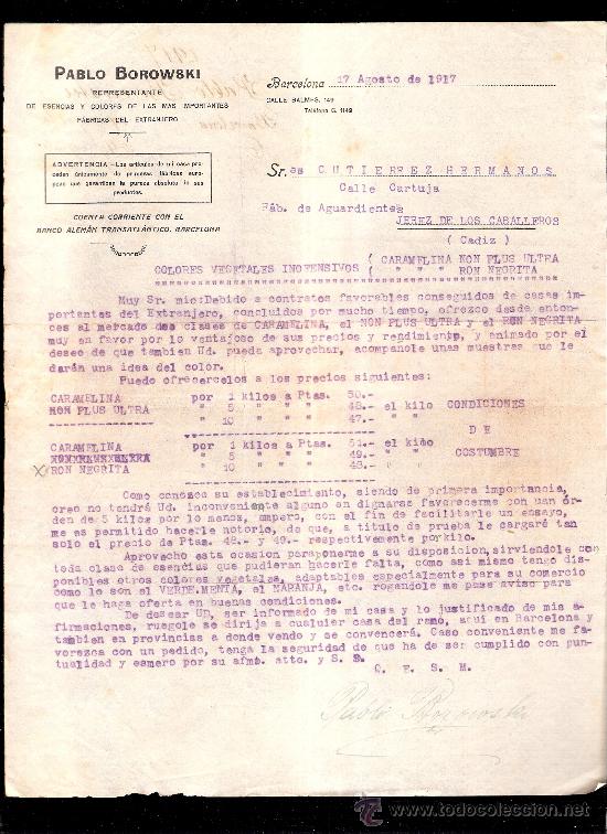 Cartas comerciales: CARTA COMERCIAL. PABLO BOROWSKI. REPRESENTANTE. GUTIERREZ HNOS. JEREZ. BARCELONA, AGOSTO 1917.