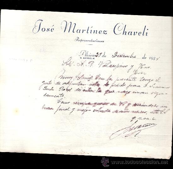 Cartas comerciales: CARTA COMERCIAL. JOSE MARTINEZ CHAVELI. REPRESENTACIONES. VALDESPINO. JEREZ. DICIEMBRE, 1934.
