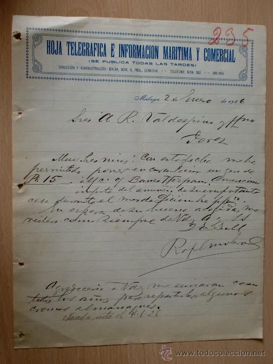 Cartas comerciais: CARTA COMERCIAL. MALAGA 1926. HOJA TELEGRAFICA E INFORMACION MARITIMA Y COMERCIAL.