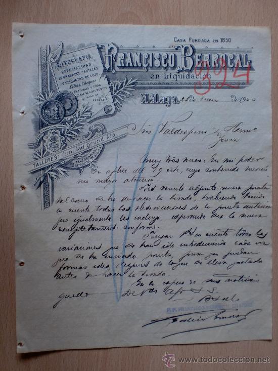 Cartas comerciais: CARTA COMERCIAL. MALAGA 1900. FRANCISCO BERROCAL. FUNDADA EN 1850. LITOGRAFIA. A VALDESPINO.