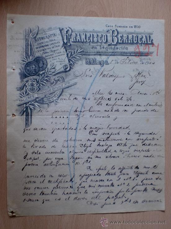 Cartas comerciais: CARTA COMERCIAL. MALAGA 1900. FRANCISCO BERROCAL. FUNDADA EN 1850. LITOGRAFIA. A VALDESPINO.