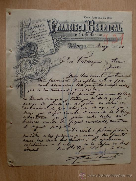 Cartas comerciais: CARTA COMERCIAL. MALAGA 1900. FRANCISCO BERROCAL. FUNDADA EN 1850. LITOGRAFIA. A VALDESPINO.