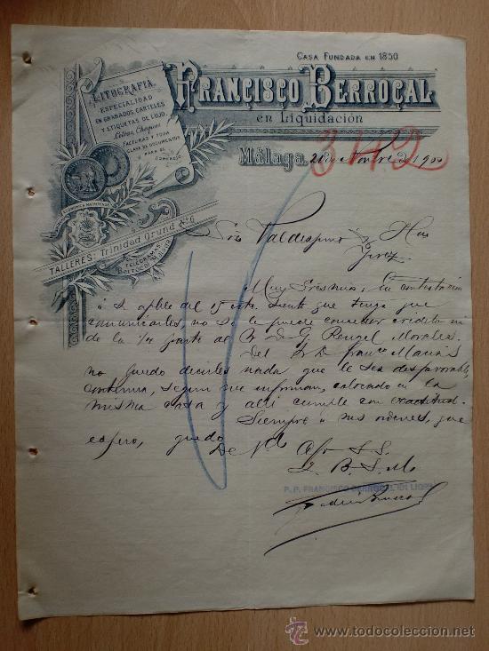 Cartas comerciais: CARTA COMERCIAL. MALAGA 1900. FRANCISCO BERROCAL. FUNDADA EN 1850. LITOGRAFIA. A VALDESPINO.