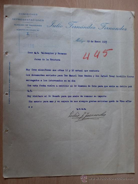 Cartas comerciais: CARTA COMERCIAL. MALAGA 1925. JULIO FERNANDEZ FERNANDEZ. COMISIONES Y REPRESENTACIONES.