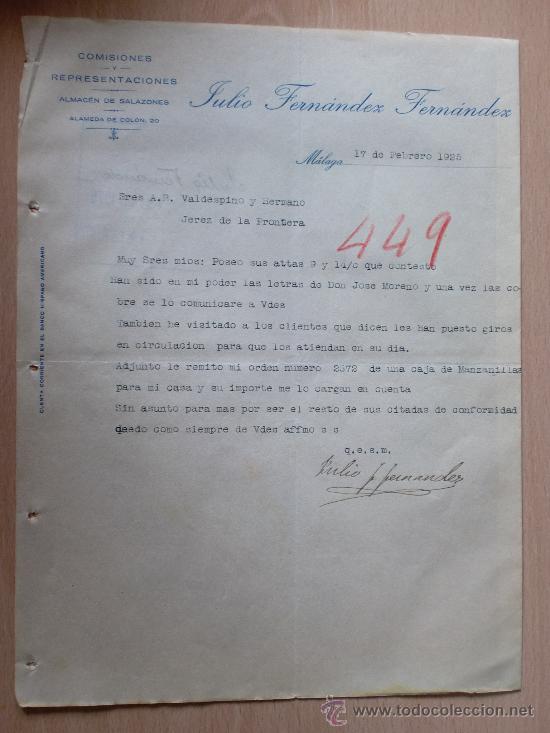 Cartas comerciais: CARTA COMERCIAL. MALAGA 1925. JULIO FERNANDEZ FERNANDEZ. COMISIONES Y REPRESENTACIONES.